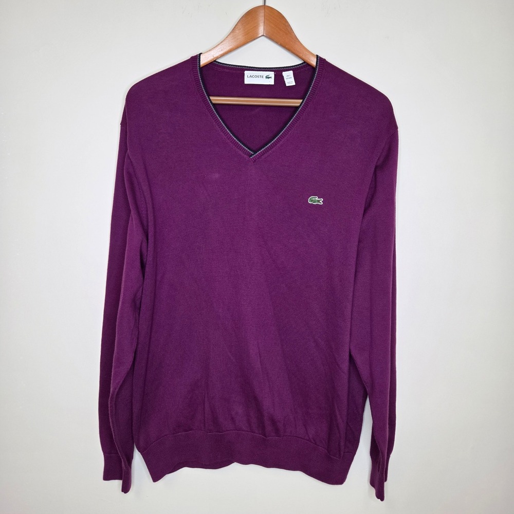 Lacoste Mens V-Neck Sweater Purple 100% Cotton Knit Logo Pullover XXL